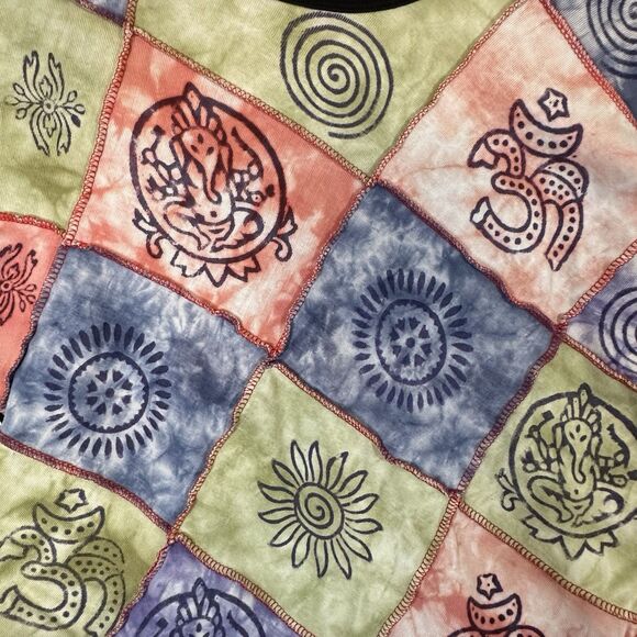 Tie Dye Boho Hippie Patchwork T Shirt Art To Wear Size L / XL Nepal Whimsy - Picture 5 of 10